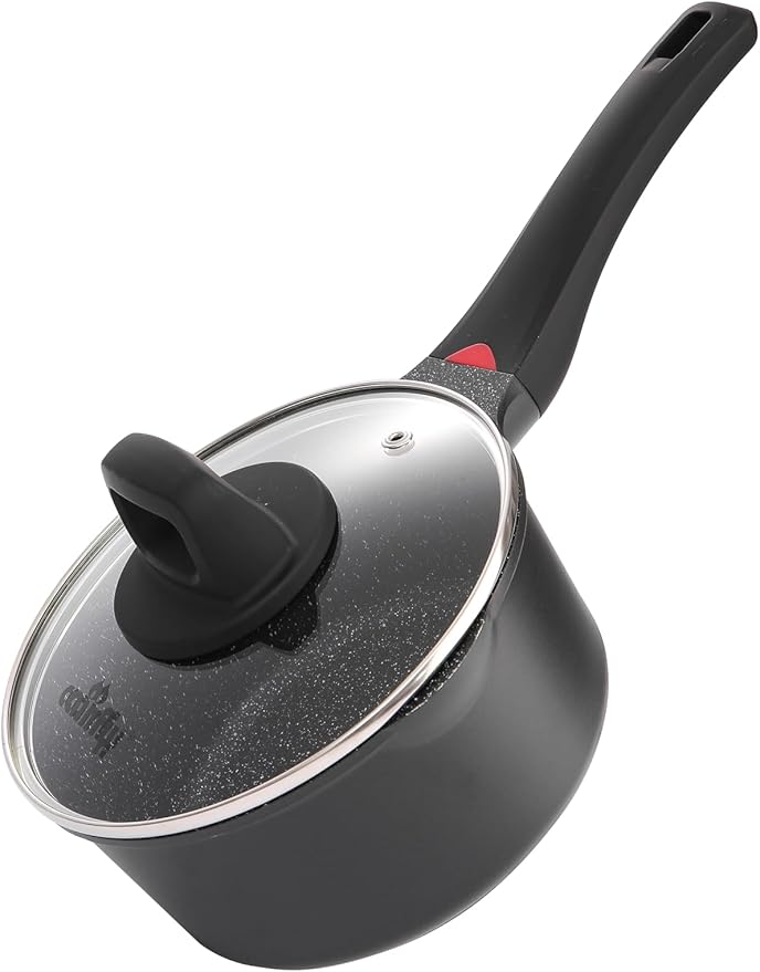 7 Inch Non Stick Sauce Pan with Glass Lid & Pour Spout - Lightweight 1.8 Quart Ceramic Coated Saucepan - Multipurpose Induction Compatible PFOA Free Small Cooking Pot with Stay Cool Handle (Black)