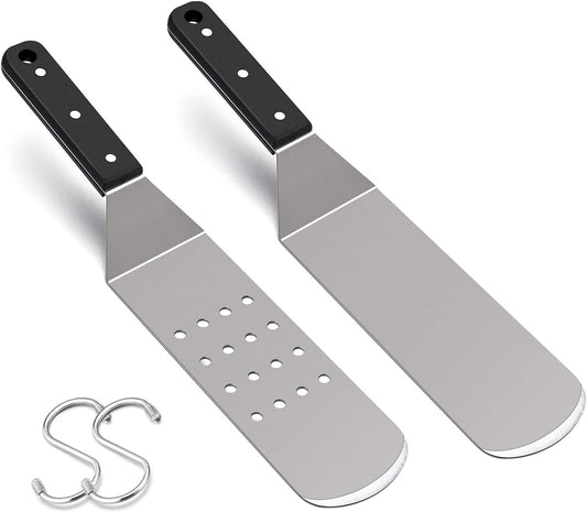 HaSteeL Metal Griddle Spatula, Stainless Steel Long With Riveted Handle, Heavy Duty Perforated & Solid Burger Turner for Teppanyaki BBQ Flat Top Grilling Cooking, Dishwasher Safe