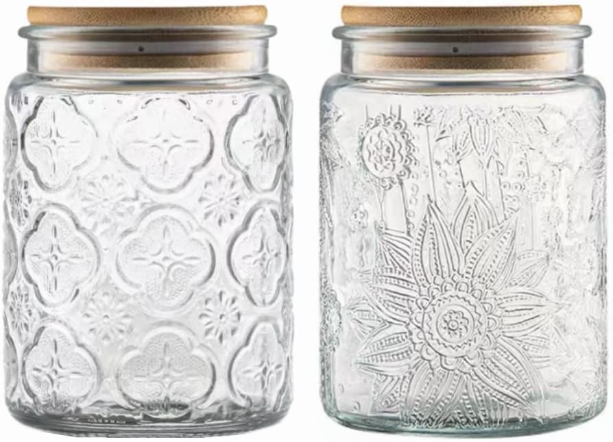 Vintage Glass Jars Set Canister Airtight Storage Jar Container with Bamboo Wooden Lids for Kitchen Counter, Pantry, Coffee, Tea, Sugar, Cute Jar, 2 Pack 23.7 FL OZ (Begonia & Sunflower)