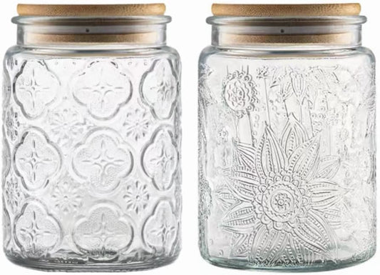 Vintage Glass Jars Set Canister Airtight Storage Jar Container with Bamboo Wooden Lids for Kitchen Counter, Pantry, Coffee, Tea, Sugar, Cute Jar, 2 Pack 23.7 FL OZ (Begonia & Sunflower)
