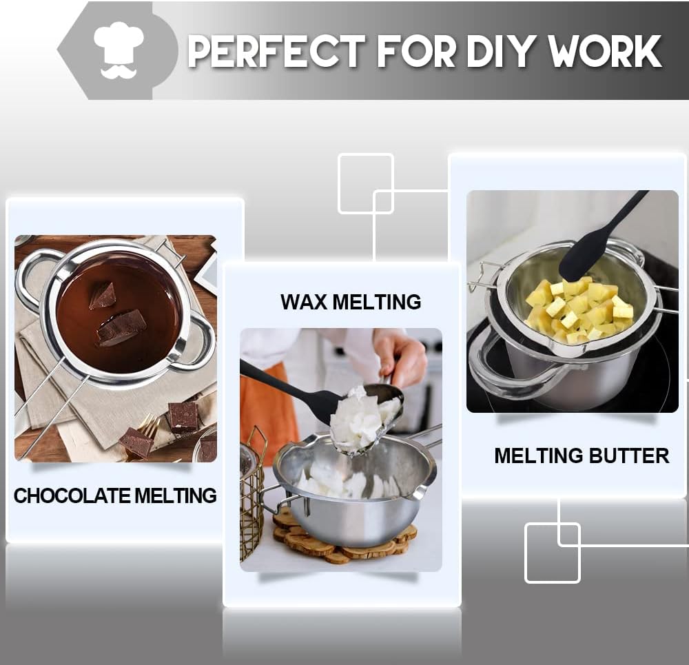 Double Boiler Pot Set, 600ml/0.5QT Chocolate Melting Pot with 1.5QT 304 Stainless Steel Pot, Melting Pot with Silicone Spatula for Melting Chocolate, Candy, Candle, Soap, Wax