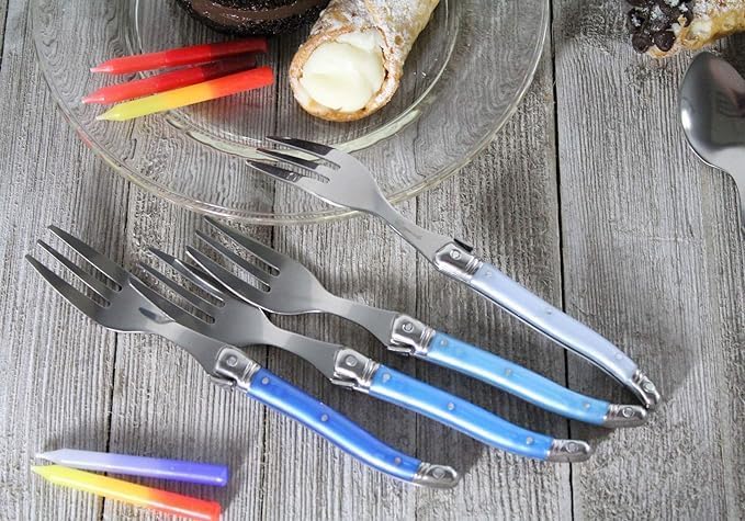 French Home Laguiole 4-Piece Cake Forks Set – Sophisticated Stainless Steel Forks with Shades of Blue Handles – Laguiole Flatware Set for Cake, Fruit, or Appetizers (6.75")