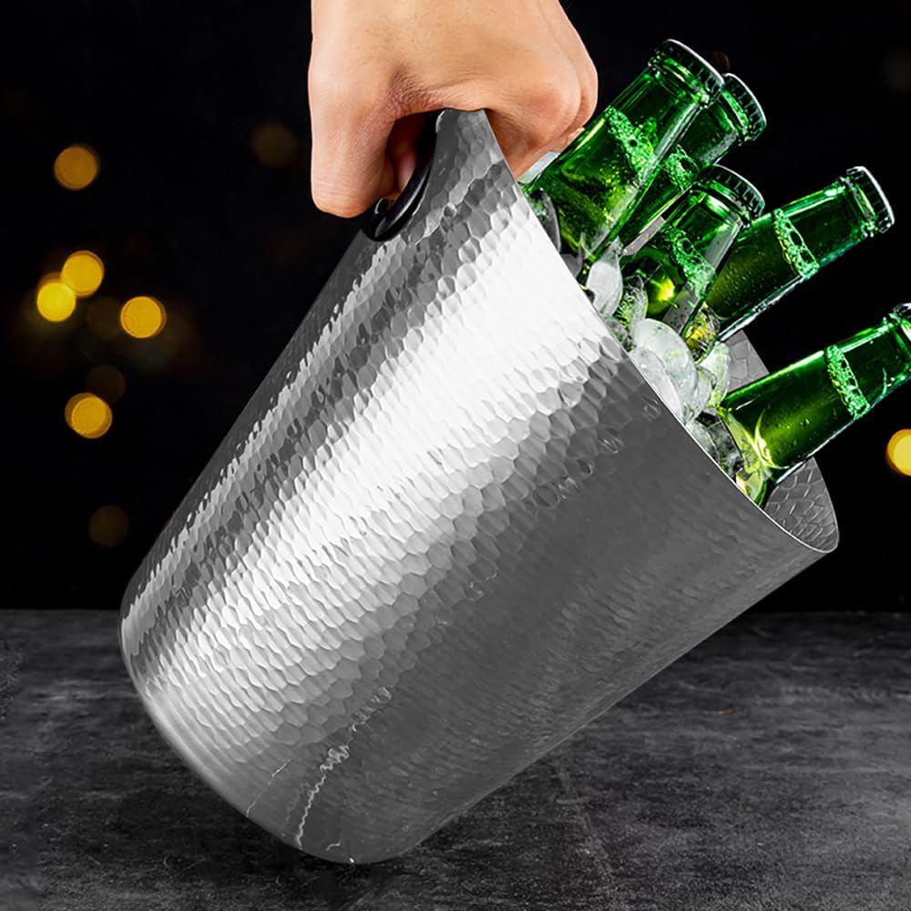 Stainless Steel Champagne Bucket with Ice Tongs - Stainless-Steel Beverage Tub - Diagonal Ice Bucket with Handle for Cocktail Bar, Wine, Home Bar Accessories, Parties - 4 Quarts - New Gold
