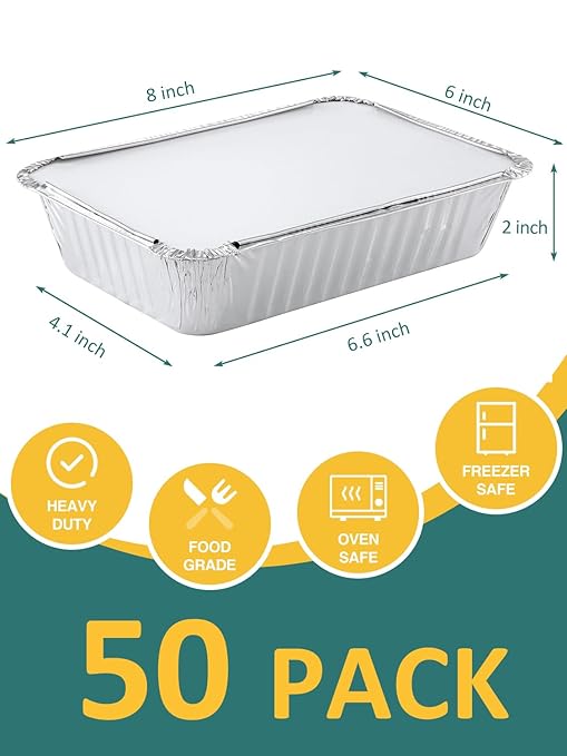 50 Pack 8x6 Disposable Aluminum Pans with Lids Aluminum-Foil-Pans-Tin-Foil-Baking-Pans-Tin-Trays-Food-To-Go-Containers-for-Meal-Prep-Cooking-Roasting-Heating-Takeout