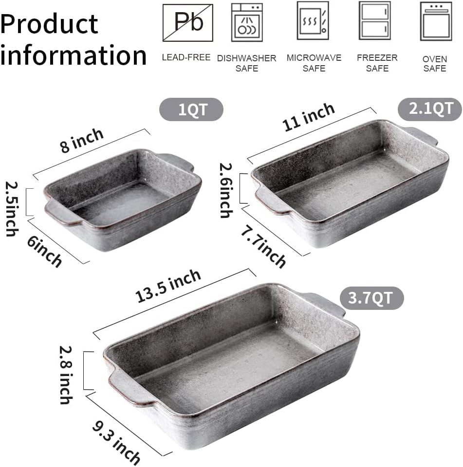 Bakeware Set, Ceramic Baking Dish Set, Rectangular Casserole Dish Set, lasagna Pan, Baking Pans Set for Cooking, Cake Dinner, Kitchen, 9 x 13 Inches, Reactive Glaze 3-Piece (Variable Grey)
