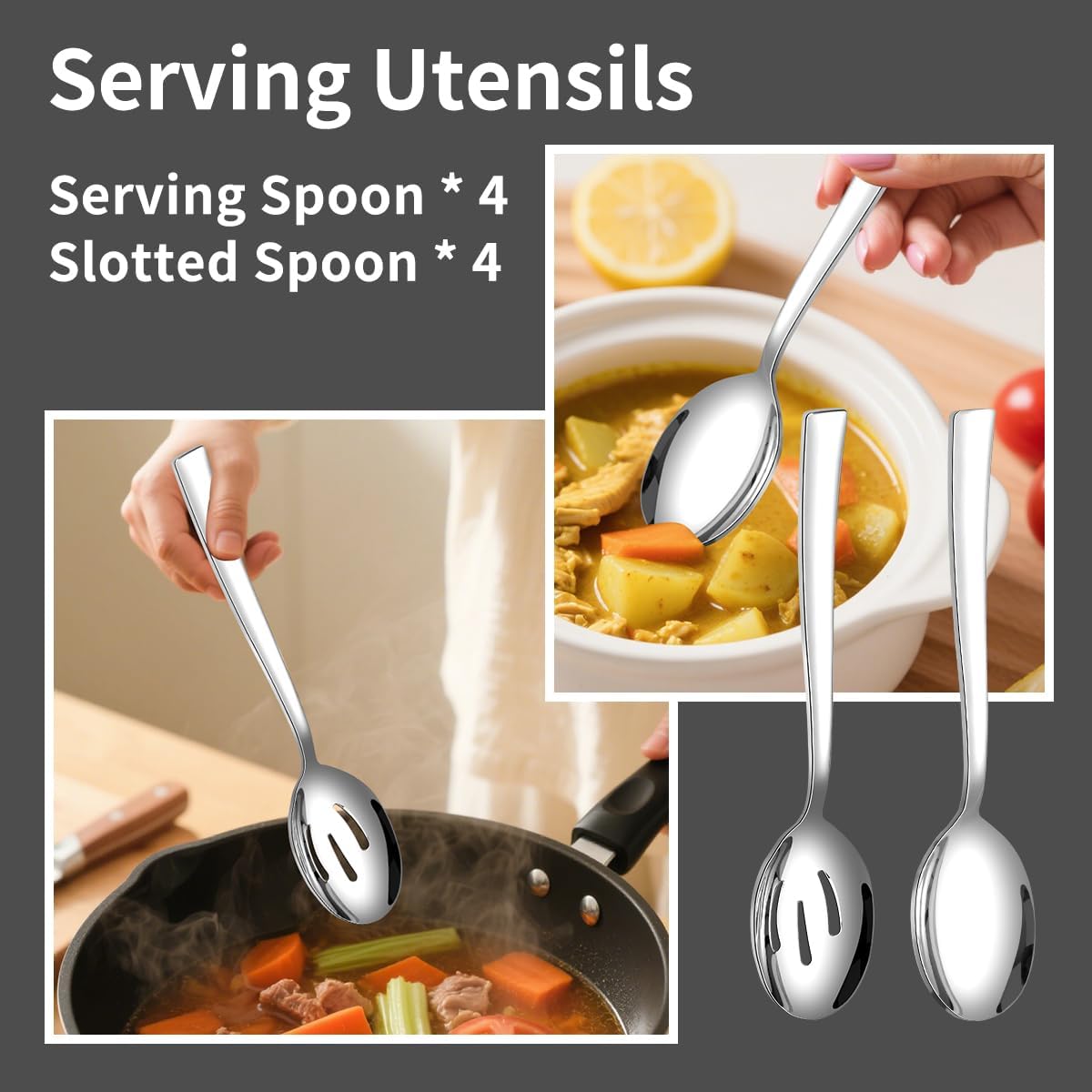 12 Piece Serving Utensils Set, Amafox Stainless Steel Kitchen Utensils Include Spoons, Slotted Spoons, Appetizer Tongs, Ice Tongs, Mirror Polished Utensils Set for Party, Dishwasher Safe (Silver)