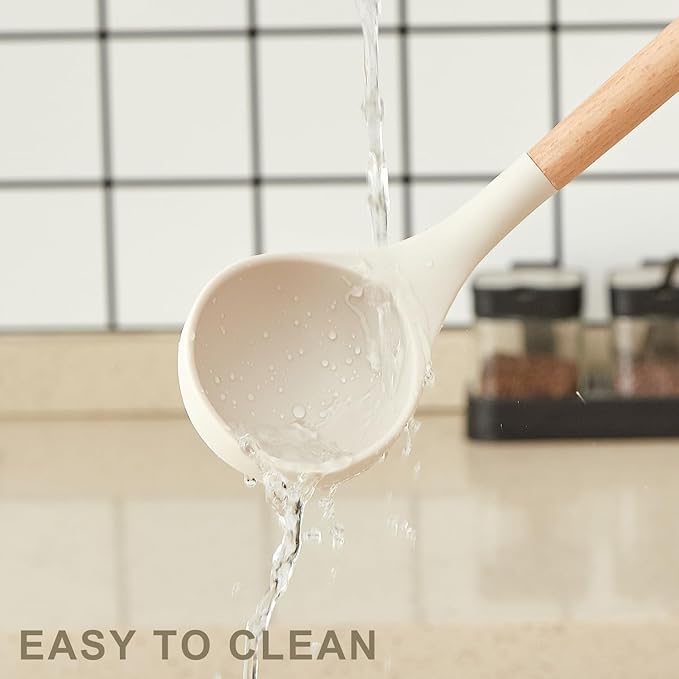 Kitchen Utensils Set - 34 PCS Non-Stick Silicone Cooking Utensils Set with Wooden Handle,Kitchen Gadgets Tools Set for Nonstick Cookware (Cream White-34P)