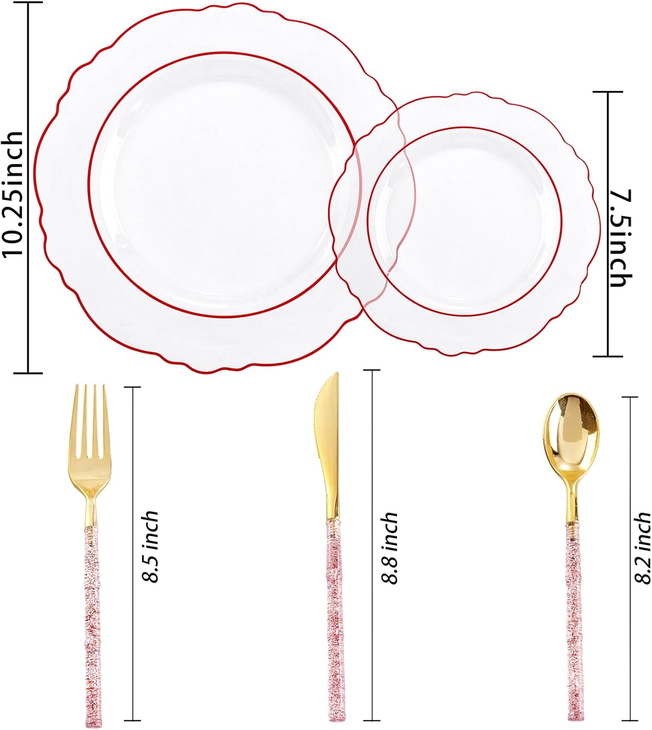 Liacere 150PCS Clear and Red Plastic Plates-Clear Red Disposable Plates with Glitter Bamboo Handle Cutlery-60 Baroque Elegant Plates,30 Forks,30 Spoons,30 Knives for Wedding&Christmas