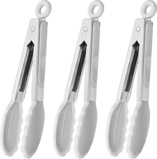 Mini Tongs with Silicone Tips 7-Inch Serving Tongs, Set of 3 (White)
