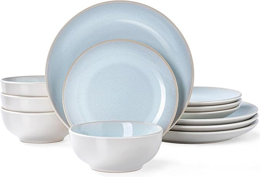 Plates and Bowls Sets for 4 - CJDC-QUELO 12-Piece Stoneware Dinnerware Sets, Ceramic Dishware Set for Kitchen Use and Formal Dining, Chip and Scratch Resistant Microwave Dishwasher Safe, Off White