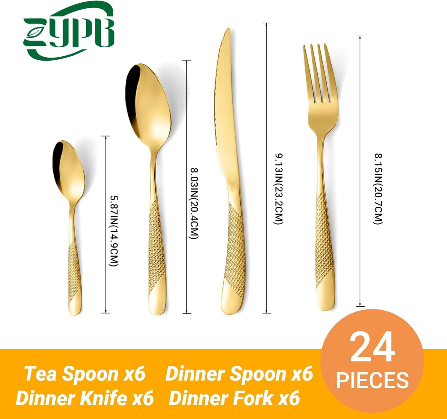 24-Piece Golden Hammered Silverware Set, Food-Grade Stainless Steel Flatware Service for 6, Modern Cutlery Utensil Set with Forks Knives Spoons, Mirror Polished, Dishwasher Safe for Kitchen Dining