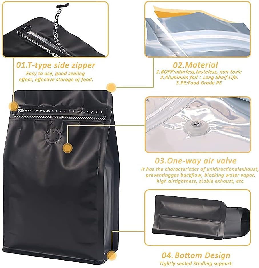 REMTAP Coffee Bags with Valve,(100pcs,16 oz,1lb) Black High Barrier Aluminum Foil Flat Bottom Stand up Empty Coffee Beans Storage Bag