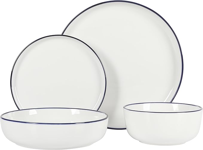 Gibson Home Oslo 16-Piece Porcelain Ceramic Chip & Scratch Resistant Dishes, Microwave & Dishwasher Safe, Plates and Bowls Dinnerware Set, White w/Blue Rim
