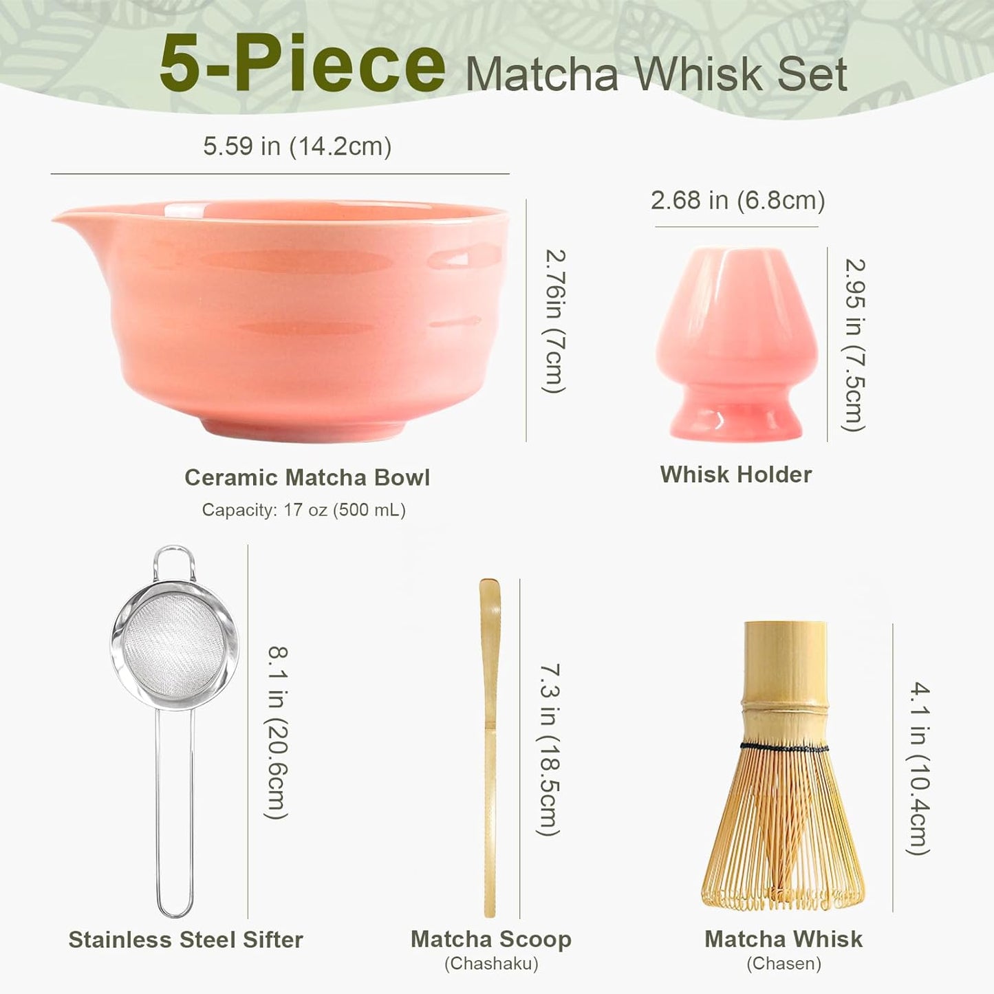 Matcha Set, 5 Pcs Matcha Whisk Set Includes Ceramic Matcha Bowl with Spout, Bamboo Matcha Whisk Chasen, Holder,Scoop,Sifter, Matcha Kit for Making Breakfast & Latte, Gift for beginners(Pink)