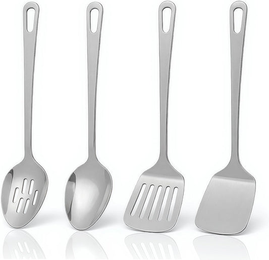 Cooking Utensils Set 4pcs - Stainless Steel Kitchen Utensils, Heavy Duty Metal Utensils Set with Stainless Steel Spatula Set Wok Spatula, Serving Spoons, Ergonomic Handle and Dishwasher Safe