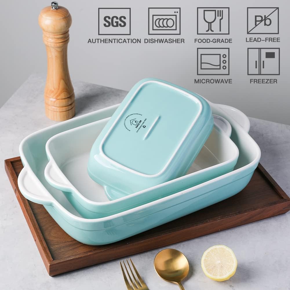 Sweejar Casserole Dishes for Oven, Ceramic Bakeware Set of 3, Lasagna Pan Deep with Handle, Rectangular Baking Pan Set, 9x13 Baking Dish for Cooking, Banquet and Daily Use (Turquoise)