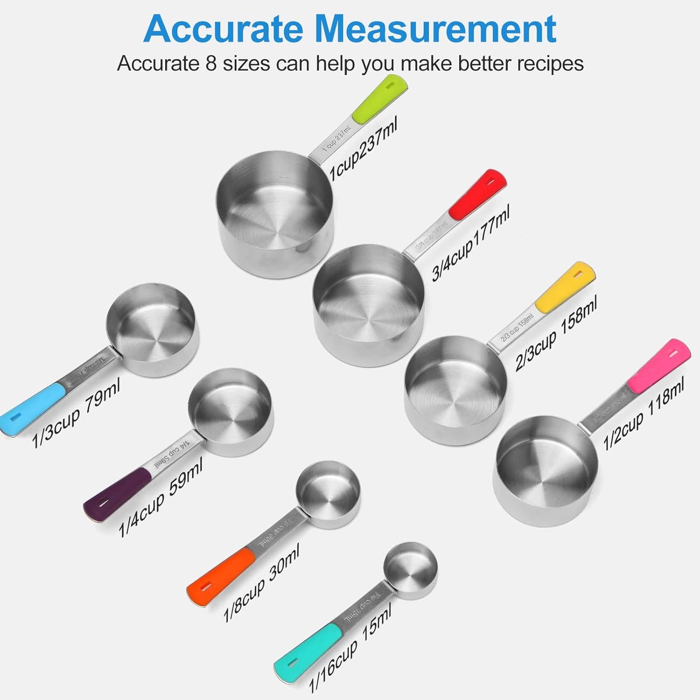Stainless Steel Measuring Cups Set (8 Cups, Colorful)