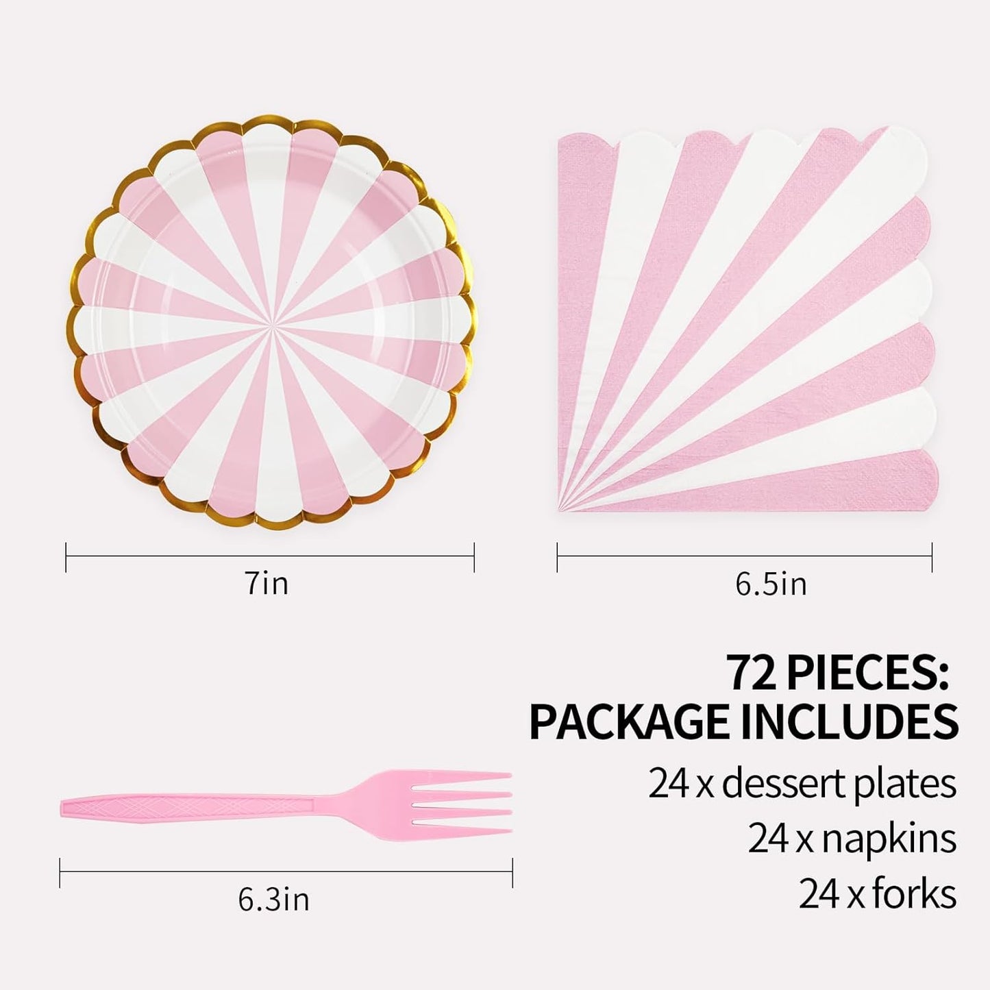 72PCS Pink Paper Plates and Napkins Party Supplies, Gold Foil Edge Scalloped Striped Plates Napkins Disposable Tableware Set for Birthday Wedding Baby Shower Party Decoration (Pink)