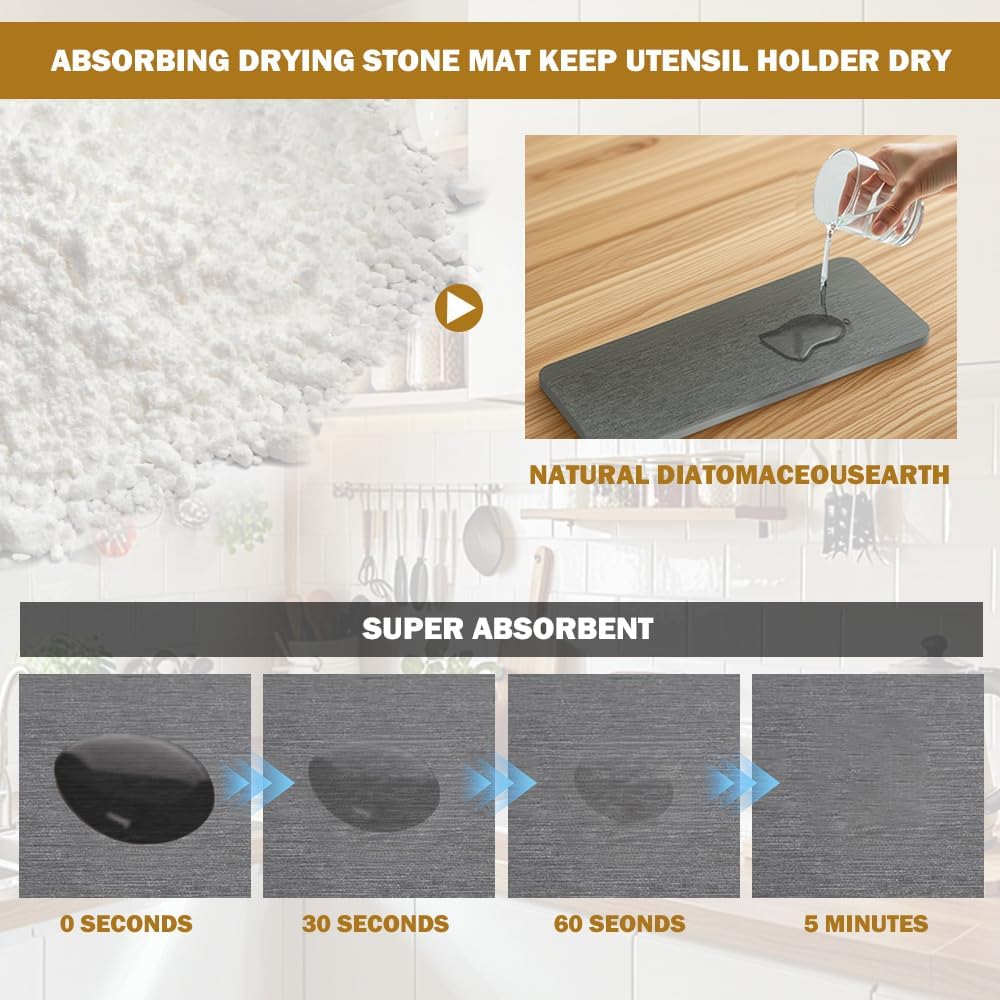 Utensil Holder for Kitchen Counter,Large Utensil Holder with Absorbing Drying Stone Mat,Bamboo Utensil Organizer with 6 Compartments,Silverware Caddy&Cooking Utensil Organizer for Kitchen Decor