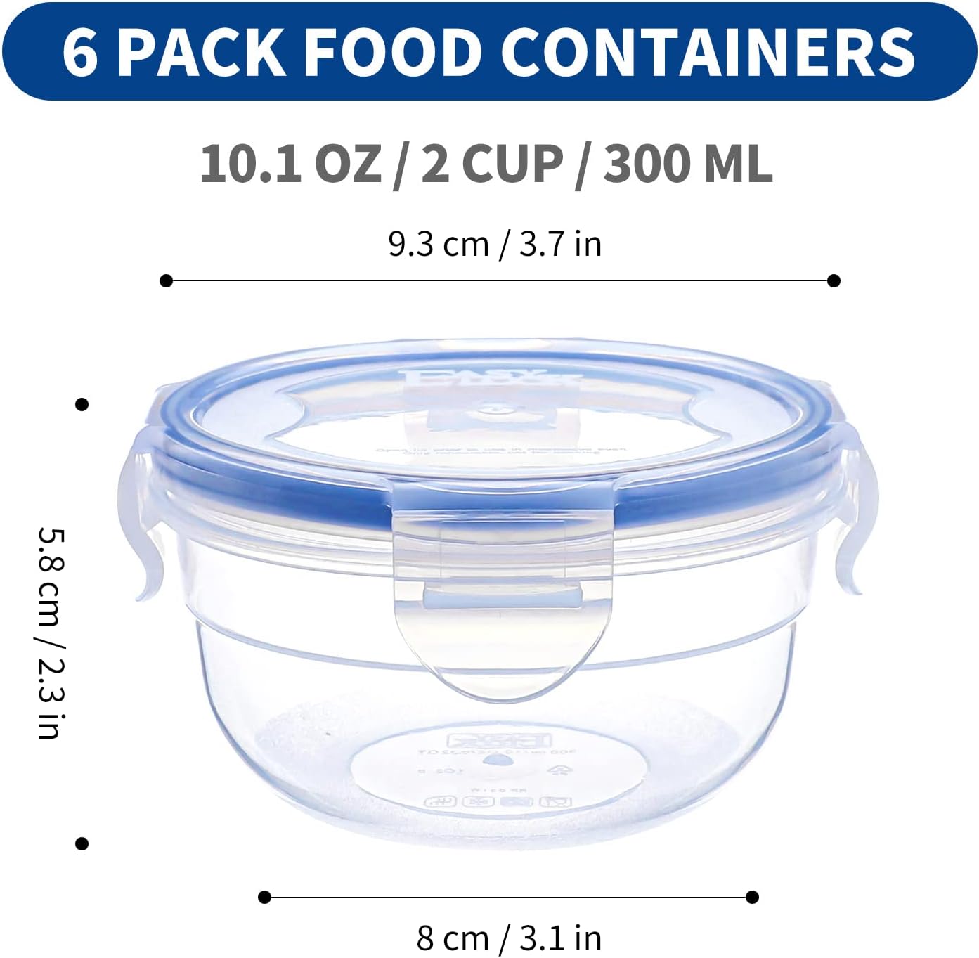 KIGI 6 PACK 10oz Plastic Round Bowls with Lid Airtight Food Storage Container Set Small Meal Prep Containers Bento Box