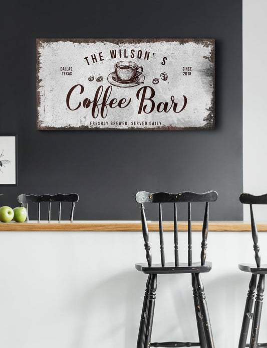 IPIC - Custom Tailored Canvas Coffee Bar Sign, Personalized Wall Art Decor with Family Name, Small Canvas Signage for Home, Kitchen, Coffee Station, Business, and Office