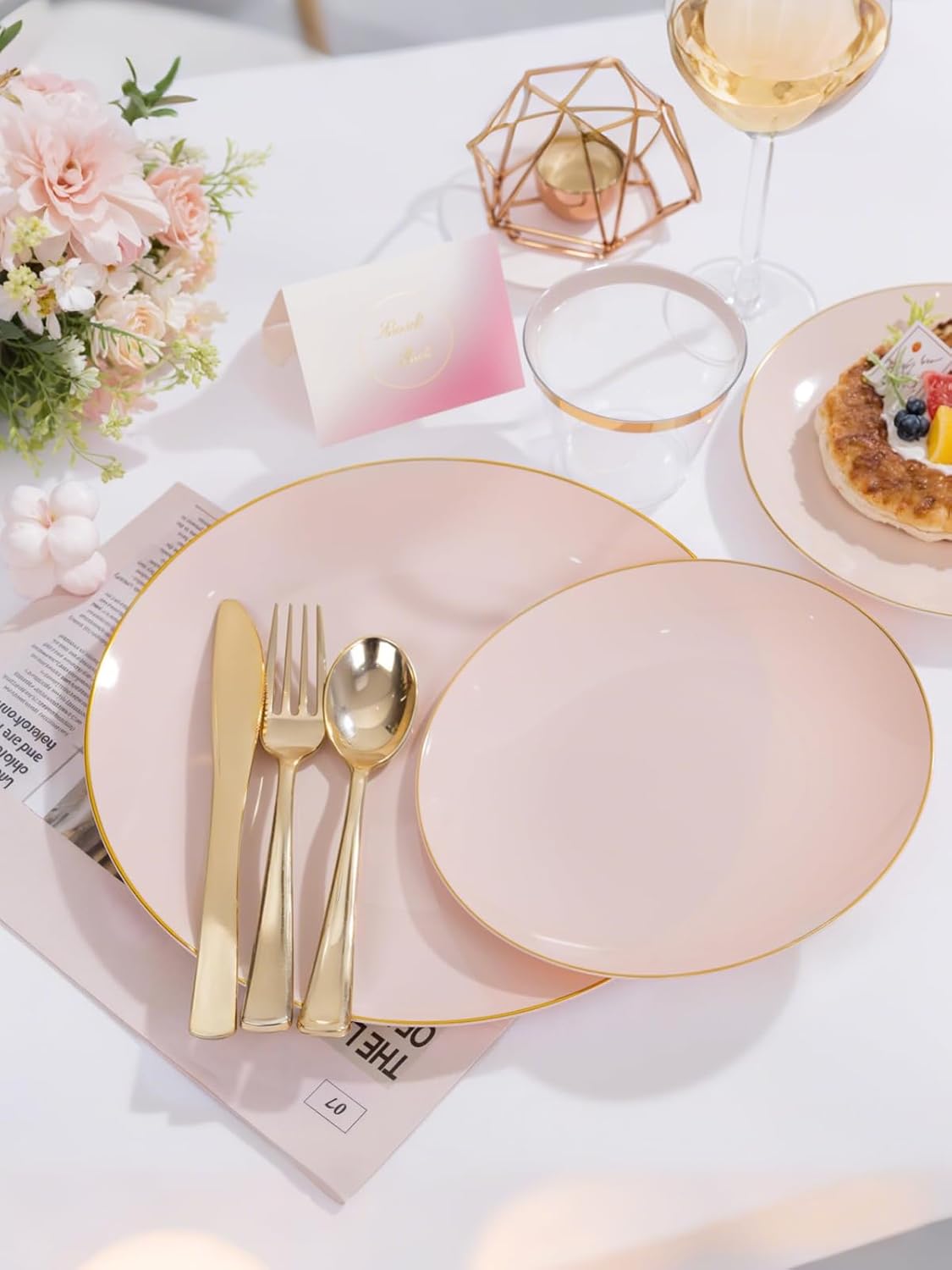 WDF 300Pcs Pink Plates Disposable - Pink and Gold Plastic Dinnerware Set for 50 Guests Include 50 Dinner & Cake Plates, 50 Disposable Cutlery, 50 9oz Cups for Wedding & Party & Baby Shower
