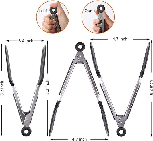Mini Silicone Serving Tongs Set of 3, Small Kitchen Tongs (7 inch) with Silicone Tips and Stainless Steel Handle, Cooking Tongs for Salads, Pasta, Steaks, Vegetables