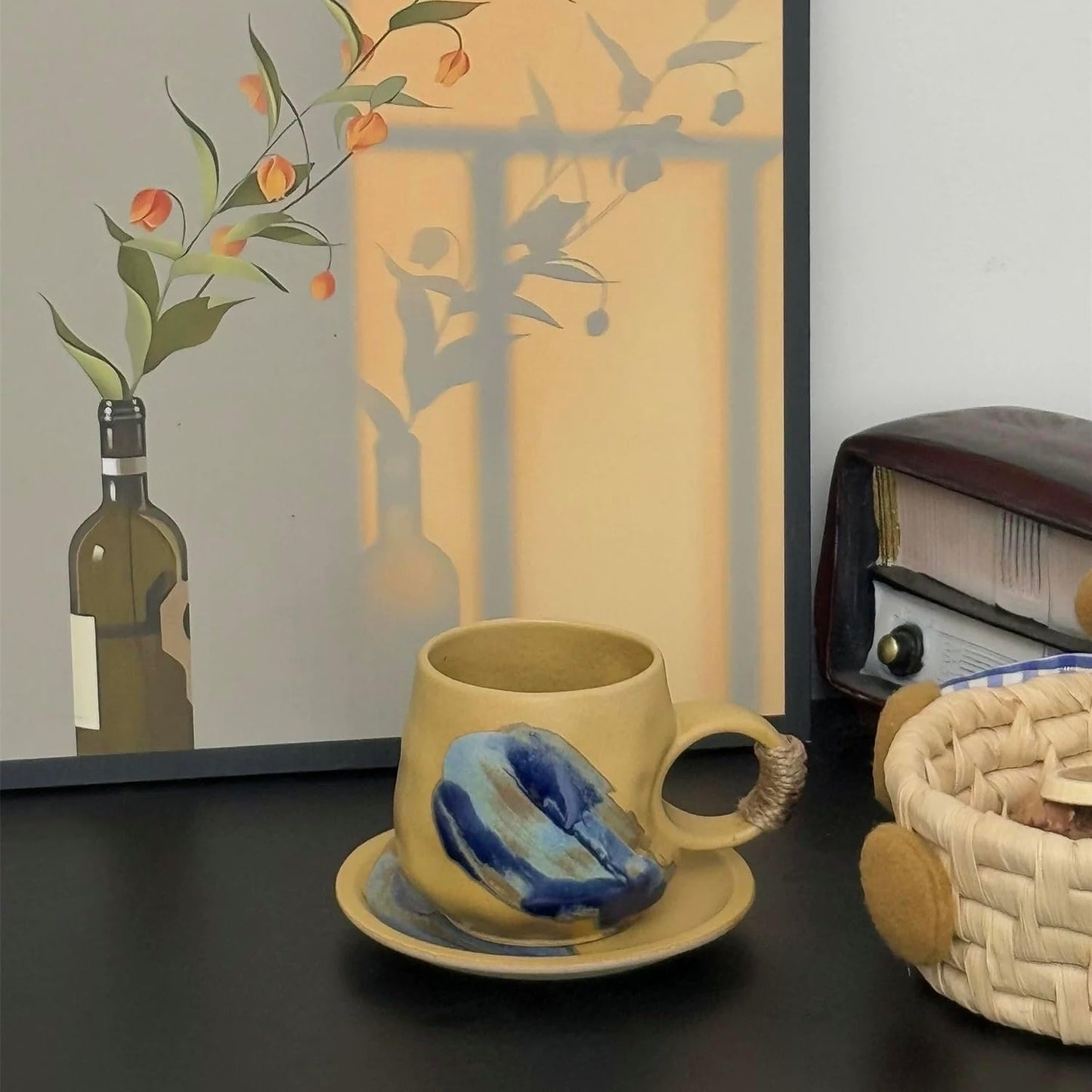 10oz Unique Vintage Retro Japanese Handmade Ceramic Cappuccino Barista Cup with Saucer, Coffee Cup and Saucer, Artisanal Stoneware Coffee Mug, Lead-Free Latte Art Mug (1, Light brown)