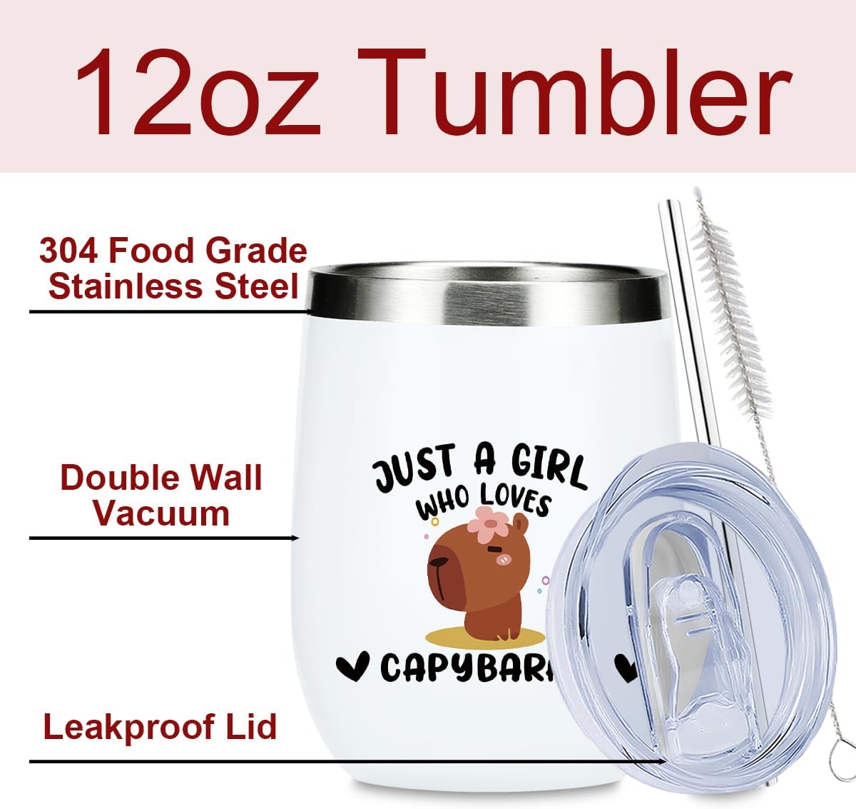 Cute Funny 12 oz Tumbler, Wine Tumbler Insulated Wine Glass with Lid, Capybara Gifts for Women Girls Capybara Decor Stuff for Friend Daughter Sister Bestie Animal Lover Friendship Christmas Birthday