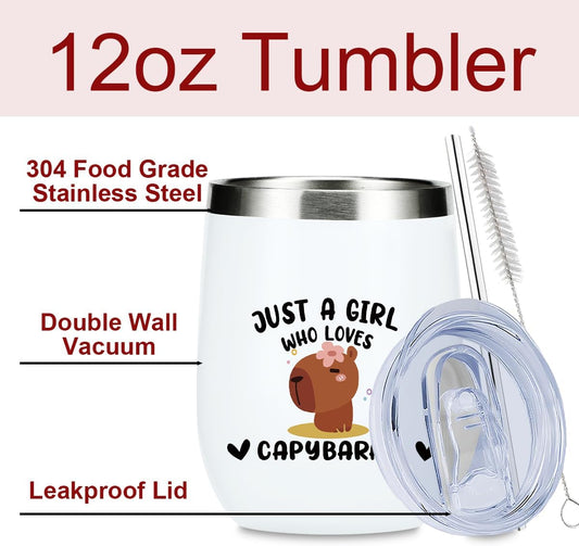 Cute Funny 12 oz Tumbler, Wine Tumbler Insulated Wine Glass with Lid, Capybara Gifts for Women Girls Capybara Decor Stuff for Friend Daughter Sister Bestie Animal Lover Friendship Christmas Birthday