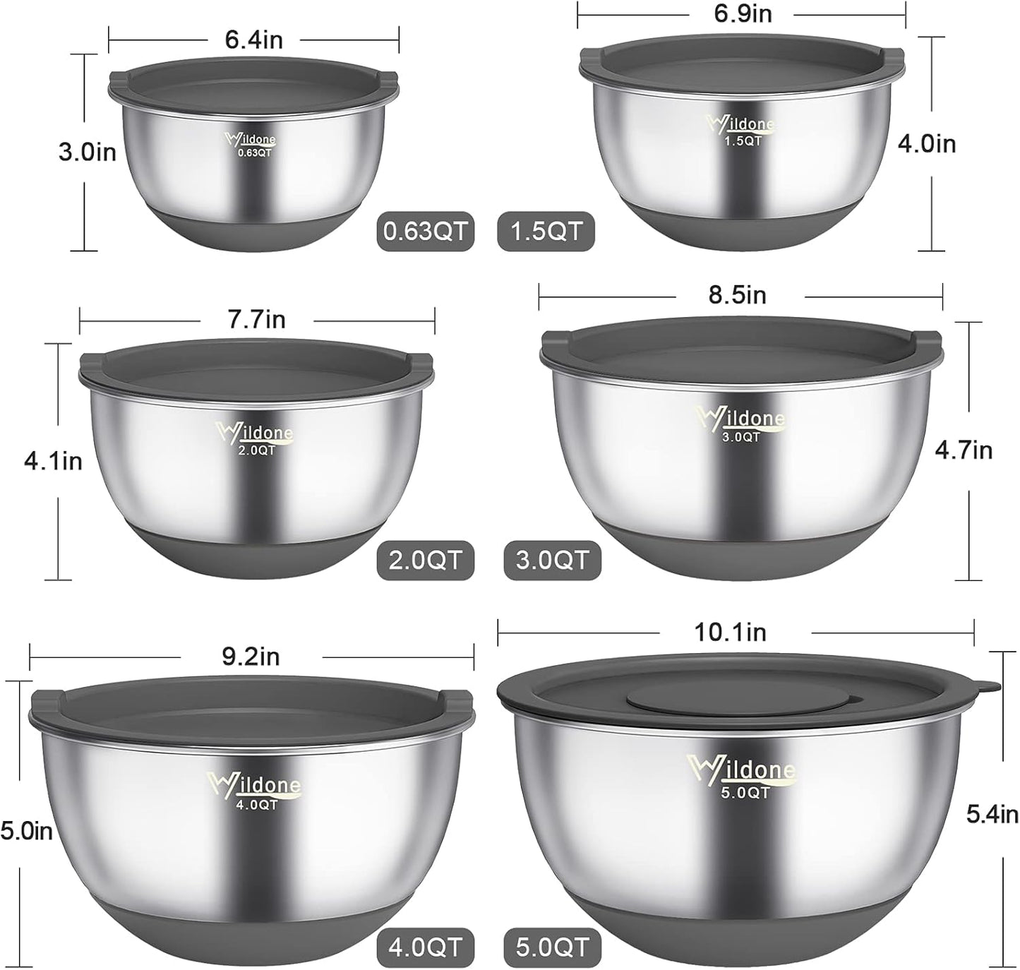 Wildone Mixing Bowls with Airtight Lids, 22 PCS Stainless Steel Mixing Bowls Set, 3 Grater Attachments, Measurement Marks & Non-Slip Bottom, Size 5, 4, 3, 2,1.5, 0.63QT, Ideal for Mixing & Prepping