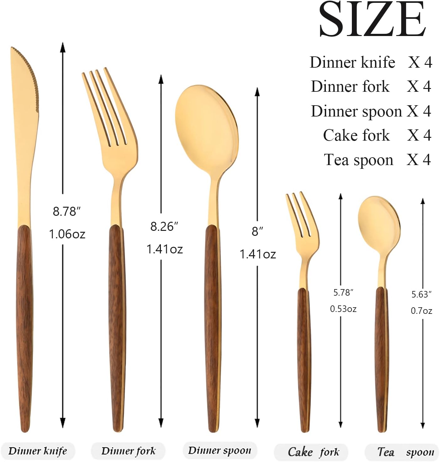 20 Piece (4 Set) Wood Handle Silverware Set, Retro 18/0 Stainless Steel Cutlery Set, Kitchen Utensils Include Knife Fork Spoon, Mirror Polish, Gold