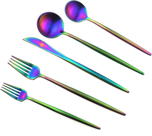 Gugrida 20 Pieces Matte Flatware Set, 18/10 Stainless Steel Cutlery Sets Including Knife Fork Spoon w/Drinking Straw, Silverware Sets Service for 4 (20-Piece, Matte Rainbow)