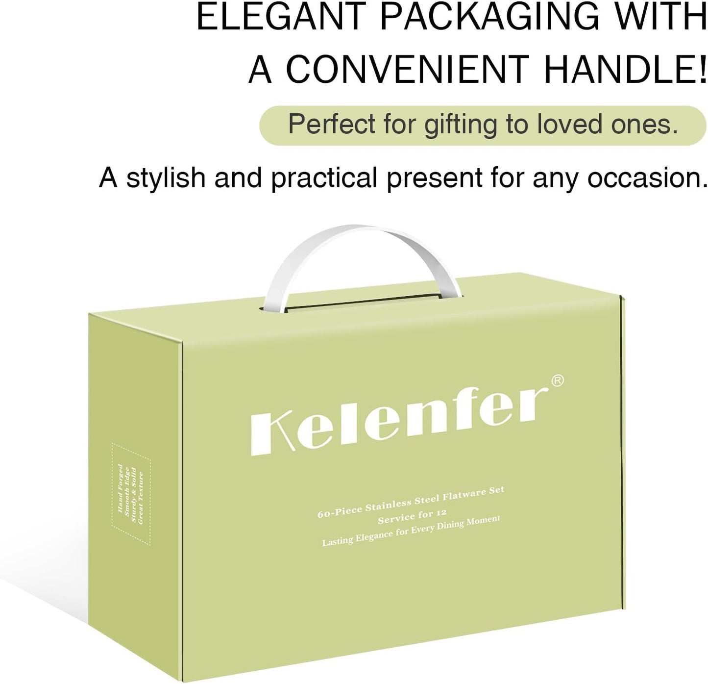 18/10 Stainless Steel Flatware Set Hand Forged Silverware Set Cutlery Set Round Hammered Handle Mirror Finished Heavy Duty 60 Pieces Service for 12