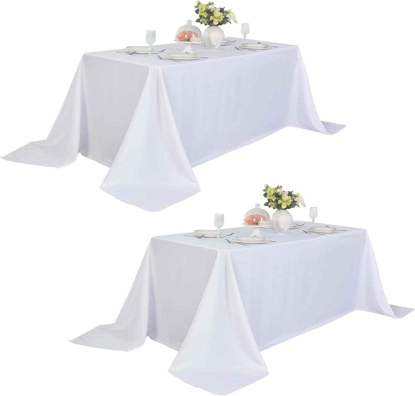 2-Pack 90x132 inch White Table Cloths, Solid Stain and Wrinkle Resistant Oblong Tablecloth, Premium Plain Weave Polyester Fabric Rectangle Table Linen Covers for Hotel, Wedding