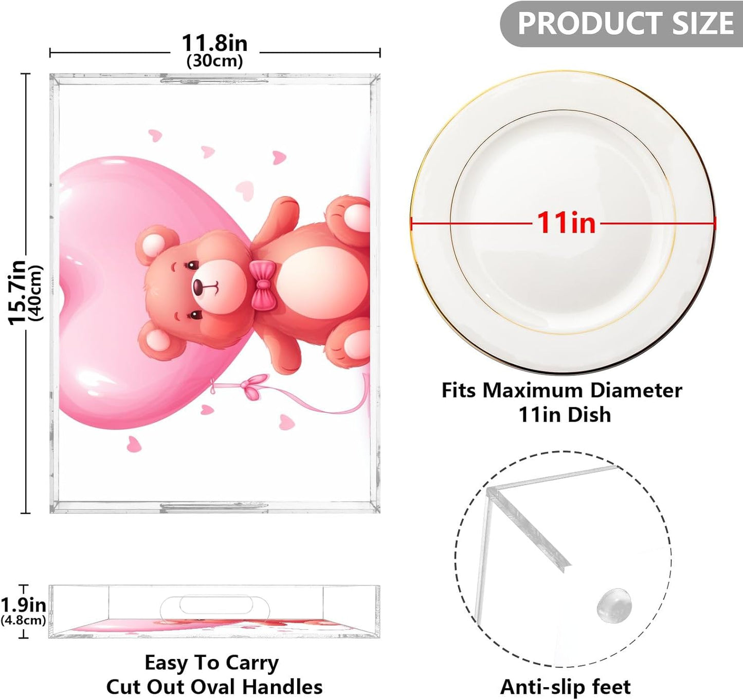 Plastic Food Serving Tray Decorative Vanity Trays for Bathroom Bear Heart 1 Coffee Table Kitchen Counter 11.8 * 15.7in