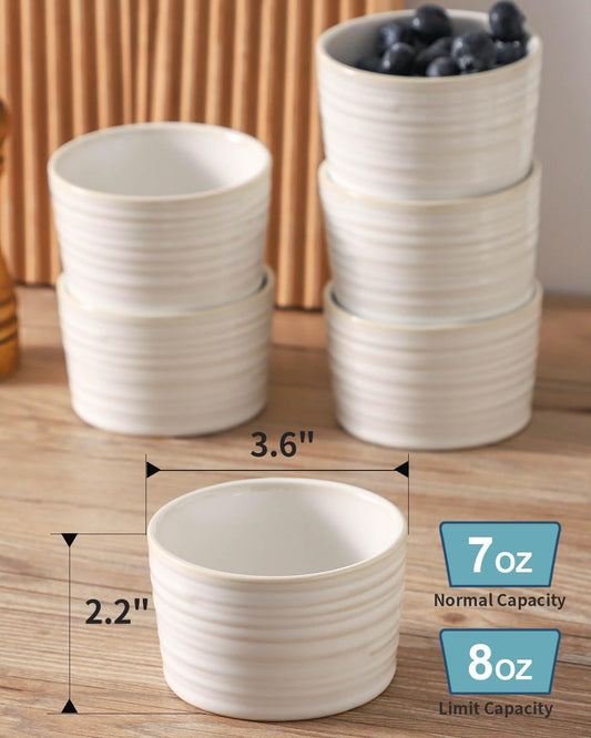 Hasense Ramekins 8 oz Oven Safe for Creme Brulee, Ceramic Souffle Dish Set of 6,Porcelain Dipping Sauce Bowls for Pudding, Souffle, Serving Dip, Custard, Ice Cream, Clay-Infused White