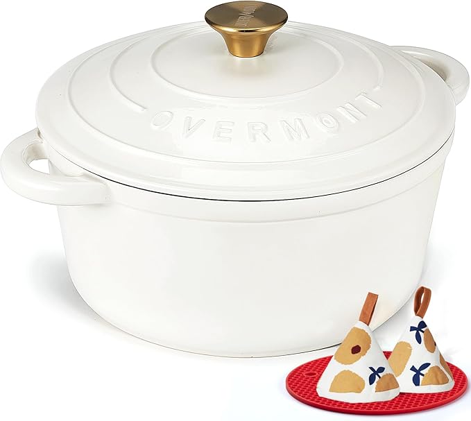 Overmont Enameled Cast Iron Dutch Oven - 5.5QT Pot with Lid Cookbook & Cotton Potholders - Heavy-Duty Cookware for Braising, Stews, Roasting, Bread Baking Pearl White