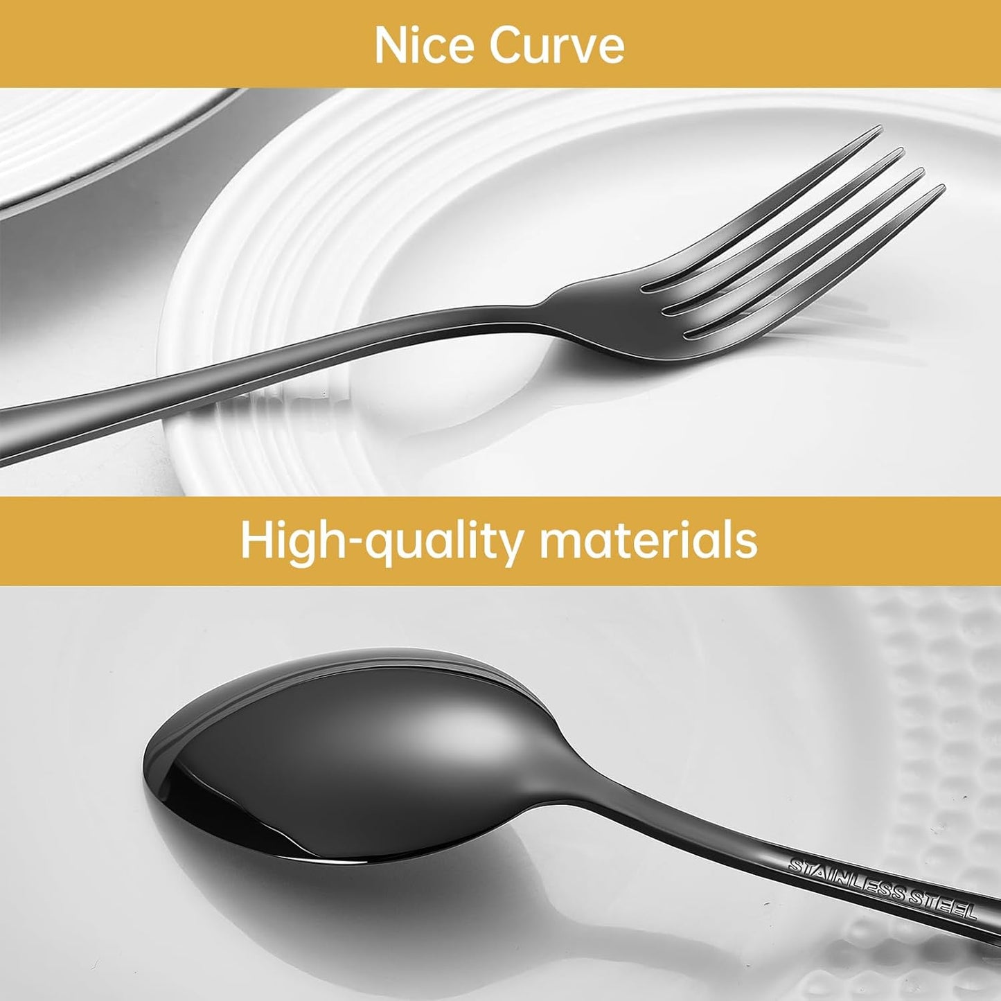 Forks and spoons silverware set 24pcs black spoons and forks set Durable Dishwasher Safe black silverware for home kitchen stainless steel (Black)