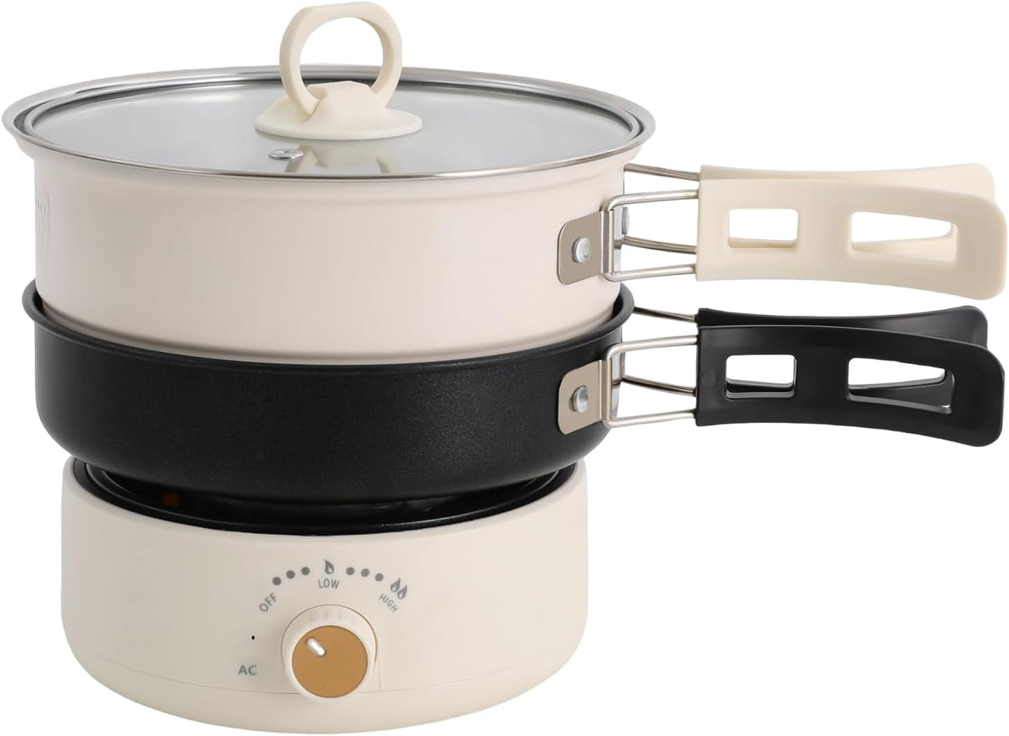 500W 0.42 Gal Portable Electric Hot Pot with Foldable Handles, Multi-function Non-stick Mini Cooker for Ramen Soup Pasta Steak, Power Adjustment & 110V Personal Travel Hot Pot Cooker (White)