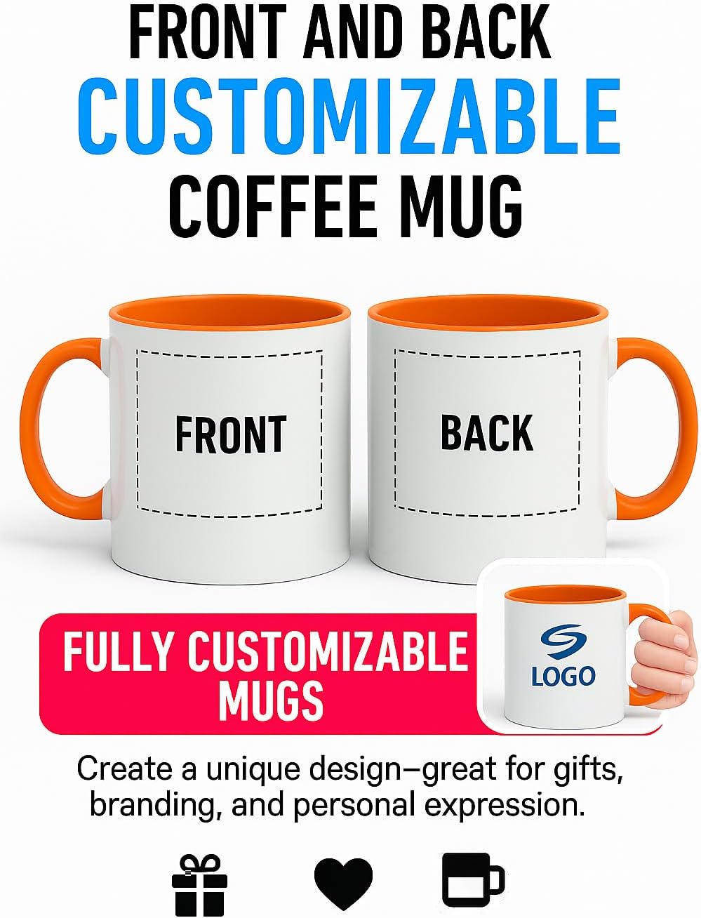 Personalized Coffee Mug | Custom Photo, Text, or Logo Cup (11oz, Orange Rim, Inner, and Handle) |Dishwasher & Microwave Safe |Unique Gift for Men & Women –Taza Personalizada