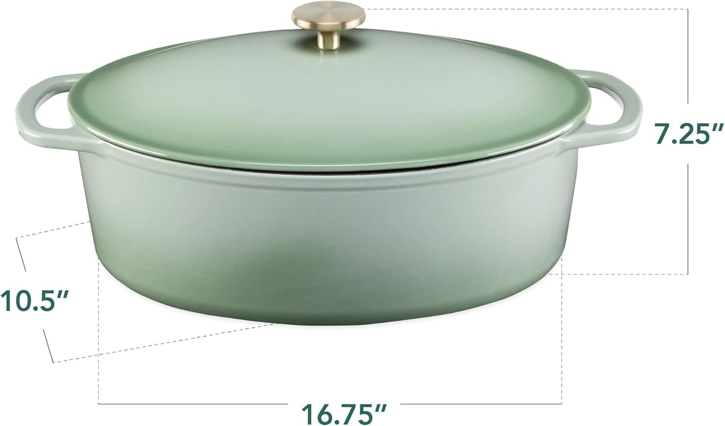 Best Choice Products Oval 7.5 Quart Enamel Cast-Iron Dutch Oven, Heavy-Duty Pre-Seasoned for Baking, Cooking w/Side Handles – Sage Green