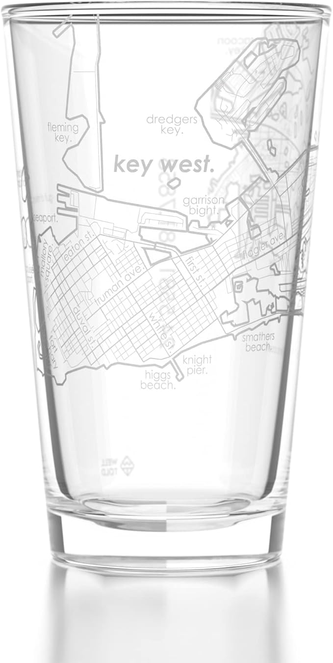 Well Told Engraved Key West Florida Map Pint Glass, Etched Beer Gift (16 oz, Clear) City Map Pint, Custom City Glassware, Gifts For Beer Lovers