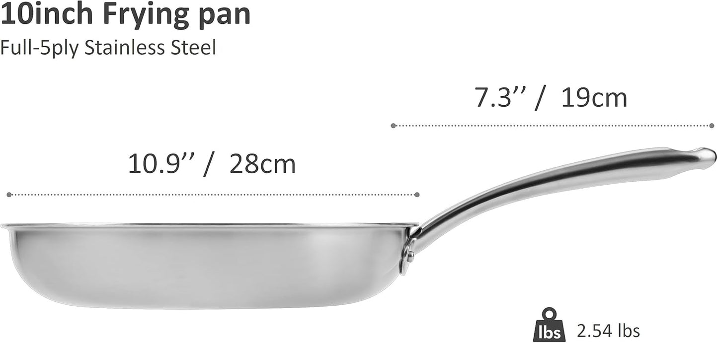 5-ply Stainless Steel Frying Pan 10inch, Full 5-Ply Clad Construction Professional Grade Pan, Brushed Finish, Induction Cooking Pan, Oven Safe, Dishwasher Safe