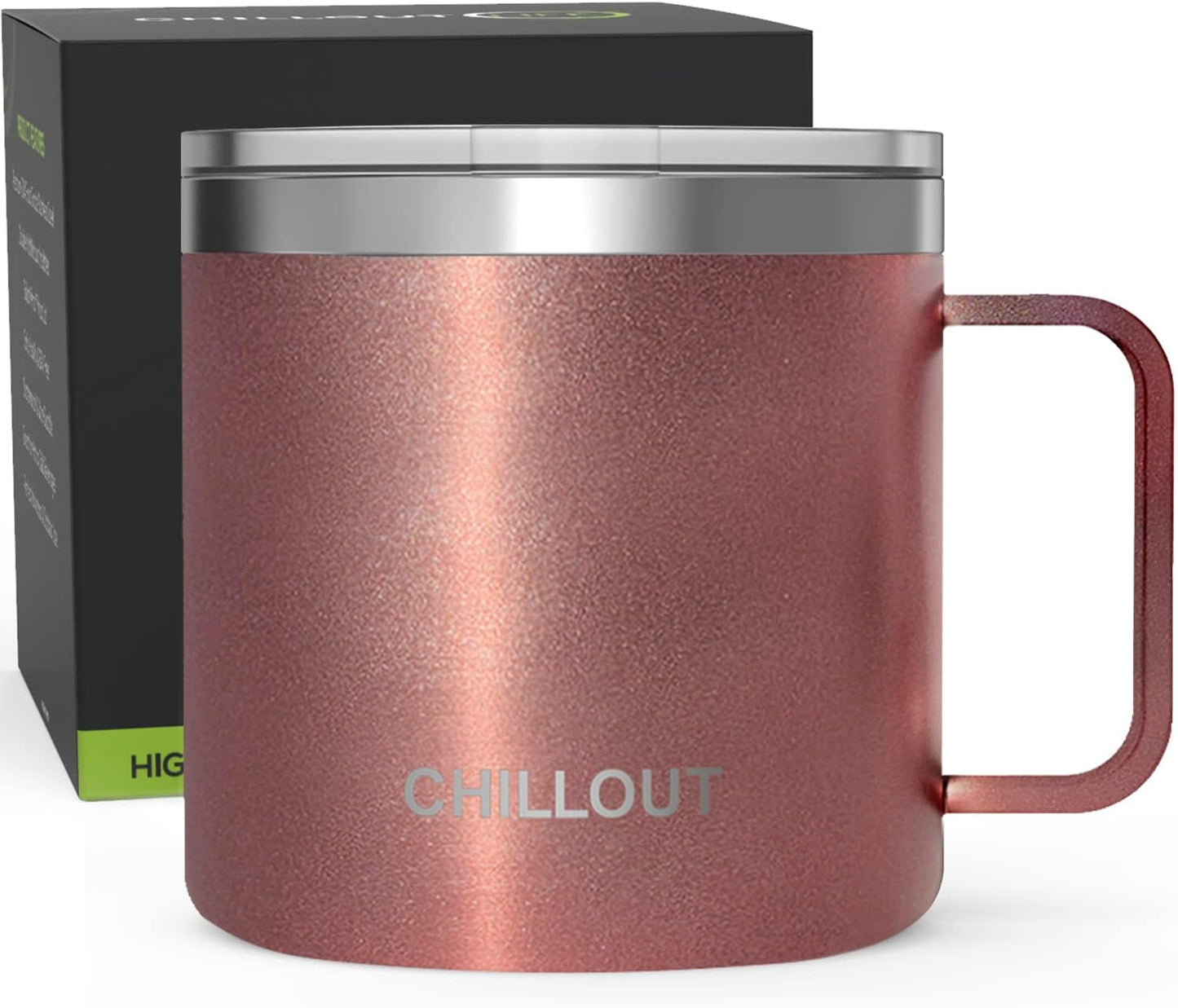 CHILLOUT LIFE Stainless Steel 16 oz - Vacuum Insulated Coffee Mug with Handle and Lid, Large Thermal Camping Coffee Mug Cup with Durable Sliding Lid for Women - Rose Gold