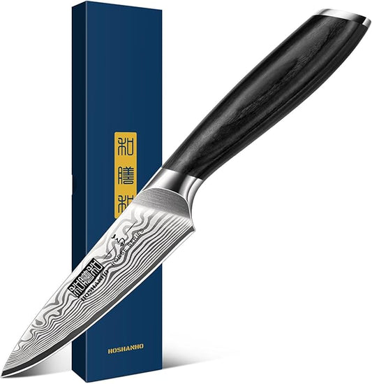 HOSHANHO Paring Knife 3.75 Inch, High Carbon Powder Steel Forged Small Kitchen Knives, Razor Sharp Japanese Fruit Knife with Ergonomic Pakkawood Handle