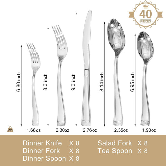 KINGSTONE Silverware Set, 40-Piece Flatware Set for 8, 18/10 Stainless Steel Cutlery Set with Bead Edge, Utensil for Kitchen, Home, Party, Wedding, Mirror Polished, Dishwasher Safe, Featured Gifts