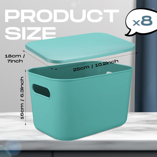 Hoolerry 8 Pieces Colorful Storage Bins with Lid, Plastic Storage Basket Organizing Container Stackable Box with Handle for Shelves Desktop Playroom Office(10.2 x 7 x 6.3 Inch,Green)