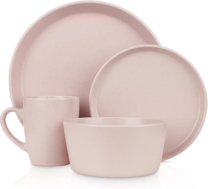 Stone Lain Albie Stoneware 16-Piece Modern Dinnerware Set, Kitchen Plates and Bowls Sets, Dish Set for 4, Pink