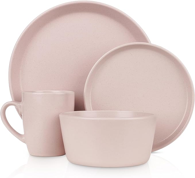Stone Lain Albie Stoneware 32-Piece Modern Dinnerware Set, Kitchen Plates and Bowls Sets, Dish Set for 8, Pink